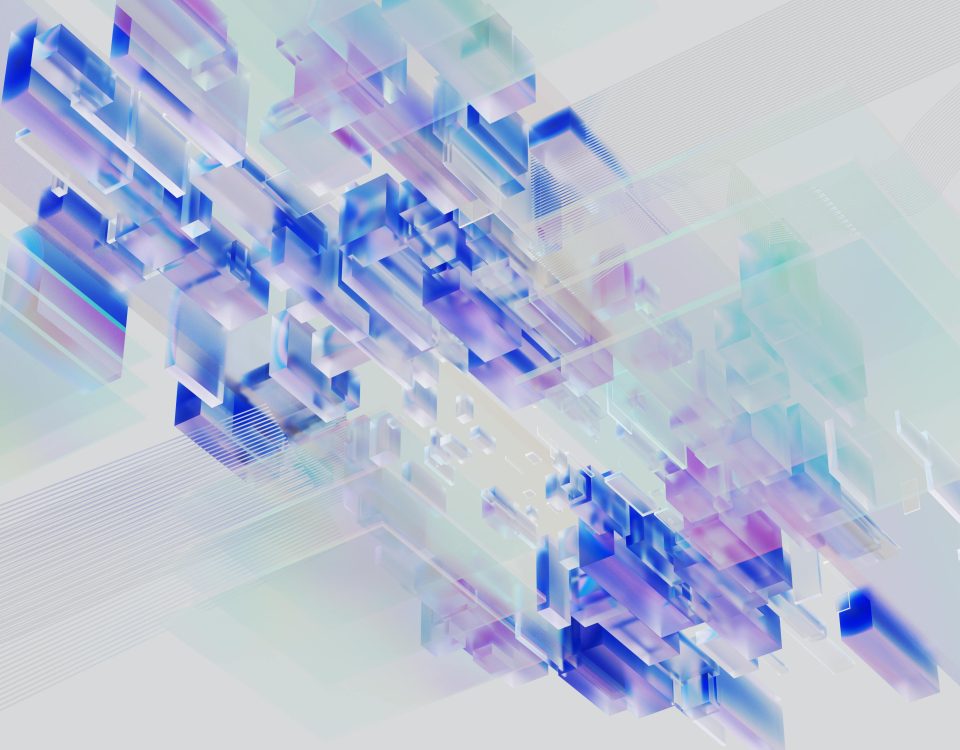 Futuristic abstract digital render depicting geometric shapes in vibrant colors.