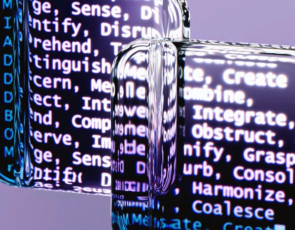 Abstract glass surfaces reflecting digital text create a mysterious tech ambiance.