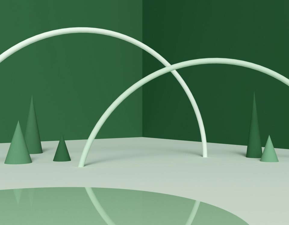 a green room with three white trees and a green wall